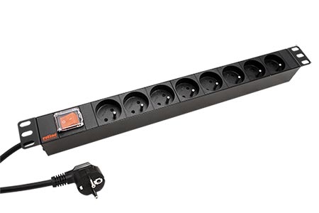 19'' napájecí panel 1U, 8x zásuvka CZ, vypínač, černý, 1,8m