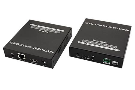 KVM prodlužovací adaptér (USB, HDMI, audio, RS232) přes TP, 4K@60Hz, až 120m