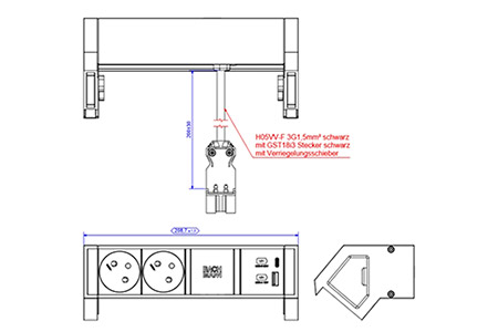 Systém DESK 2, 2x zásuvka CZ, zdroj 22W (USB A+C), černý/stříbrný (937.319)