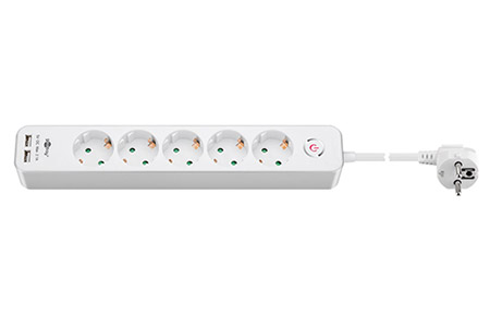 Vícenásobná zásuvka 230V/16A, 5x zásuvka DE, CEE 7/7(M) - 5x 7/3(F), 2x USB A, vypínač, 1,5m